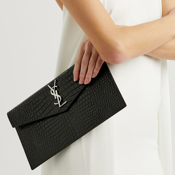 BNIB! SAINT LAURENT YSL Crocodile Embossed Calfskin Uptown Monogram Clutch Black - Picture 1 of 15